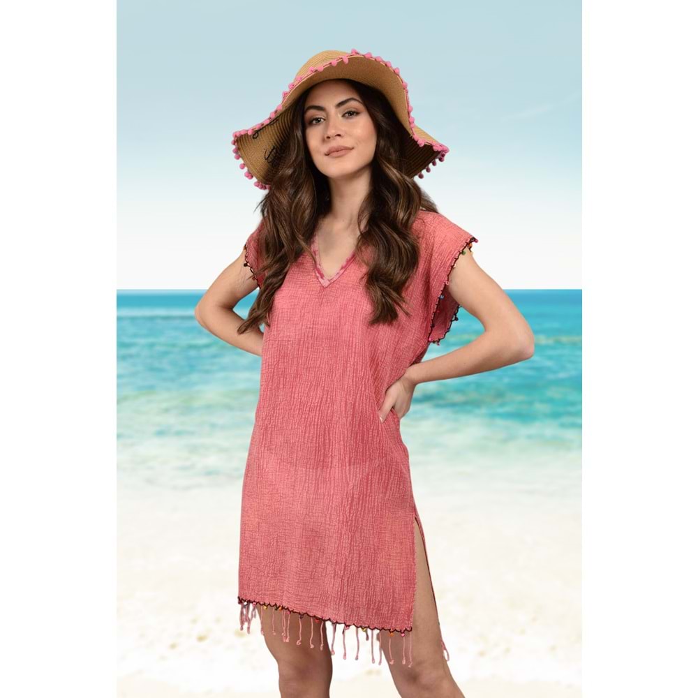 Plaj Elbisesi %100 Pamuklu Yakalı Denim Kırmızı