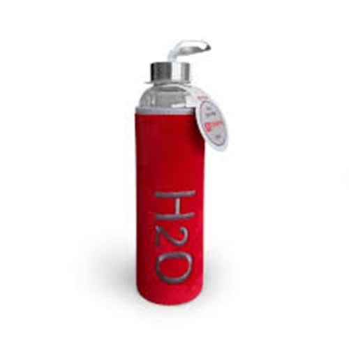Borosilikat H20 Desenli Peluş Kılıflı Cam Matara Kırmızı 600 ML